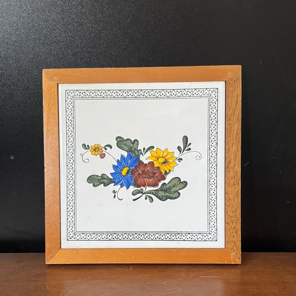 Floral Tile Wall Art with Wooden Frame